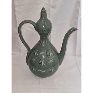 Korean Celadon Green Crackle Wine Pitcher Flying Birds Cranes Clouds 12.5" Tall